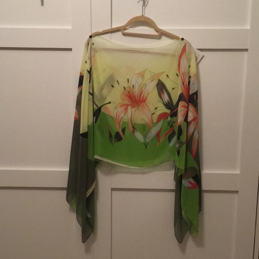 Chiffon, scarf, wrap, beach cover up, top.